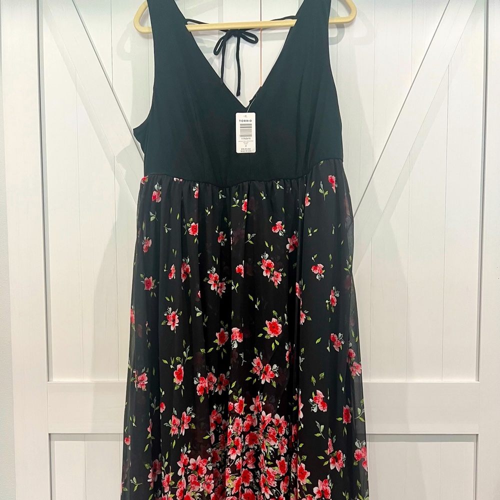 Summer, long black and floral, V-neck and V-back dress